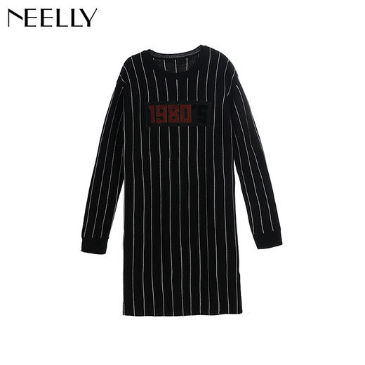 NEELLY纳俪冬装新款条纹长款裙子字母刺绣印花修身显瘦连衣裙N066809026 商品图3