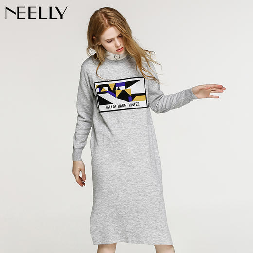 NEELLY/纳俪冬季新款中长款套头通勤开叉几何拼接针织连衣裙 商品图0