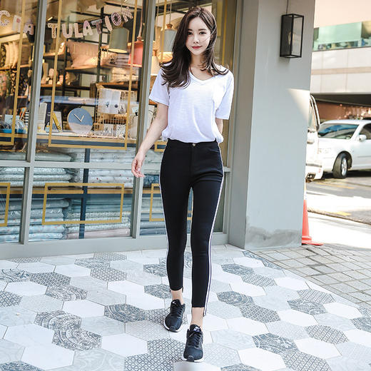 韩国lets diet校服裤薄款竖条纹高腰修身显瘦小脚九分女生运动裤 商品图1