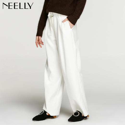 NEELLY纳俪冬装新款女纯色超宽松百搭显瘦腰带时尚长裤阔腿裤 商品图2