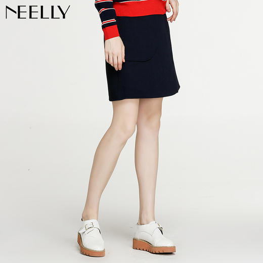 NEELLY纳俪冬装新款女纯色百搭修身显瘦口袋包臀A字裙半身裙N096805077 商品图0