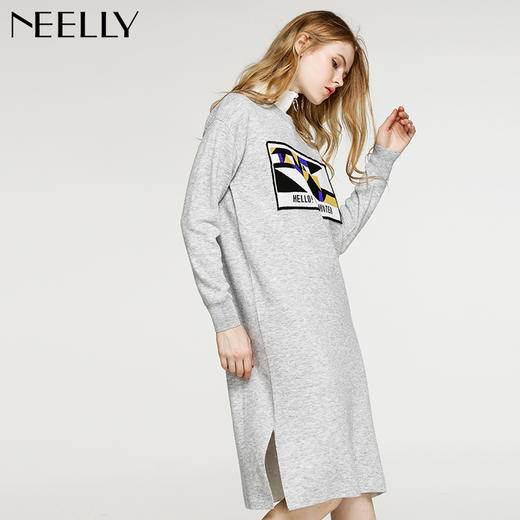 NEELLY/纳俪冬季新款中长款套头通勤开叉几何拼接针织连衣裙 商品图1