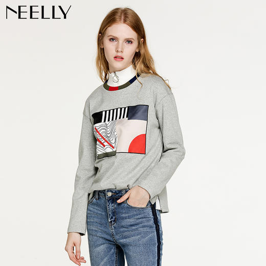 NEELLY/纳俪冬新款短款拼接图案淑女针织上衣T恤女N126810013 商品图0