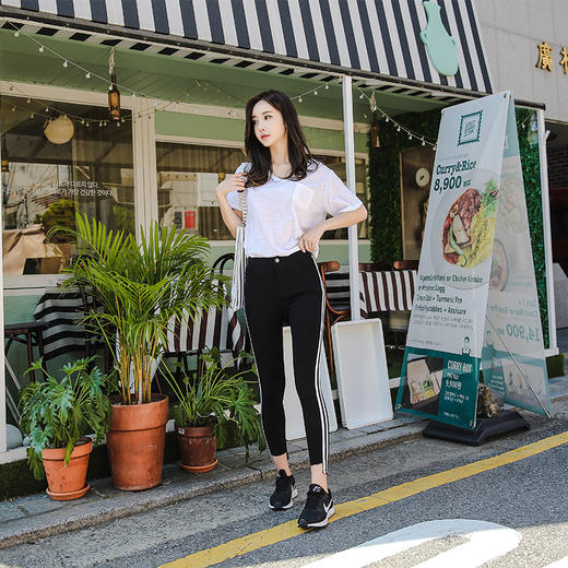 韩国lets diet校服裤薄款竖条纹高腰修身显瘦小脚九分女生运动裤 商品图3