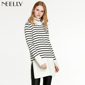 NEELLY纳俪新款女高领黑白条纹宽松百搭显瘦针织衫连衣裙N126809033