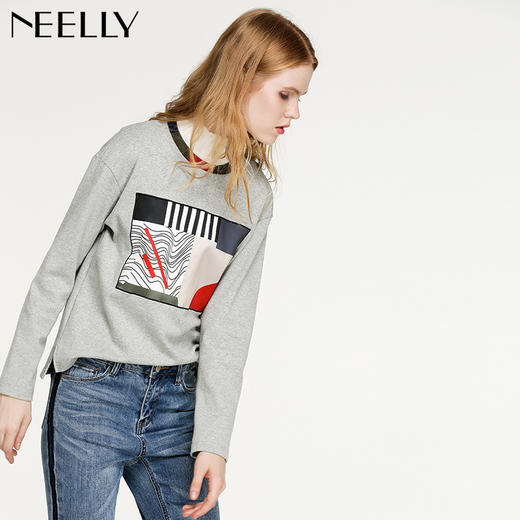 NEELLY/纳俪冬新款短款拼接图案淑女针织上衣T恤女N126810013 商品图2