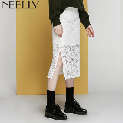NEELLY纳俪冬装新款中长款女裙显瘦防走光水溶蕾丝包臀半身裙 商品图1