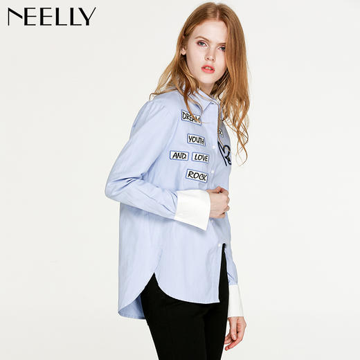 NEELLY/纳俪新款女纯色字母印花衬衣休闲衬衫N056802094 商品图1