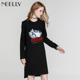 NEELLY纳俪冬季新款女中长款宽松印花T恤裙