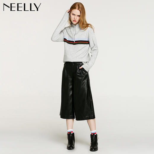 NEELLY/纳俪女街头黑色朋克休闲PU自然腰皮裤子七分裤N096808070 商品图2