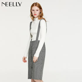 NEELLY纳俪冬装新款女中长款千鸟格前开叉格纹显瘦包臀背带裙
