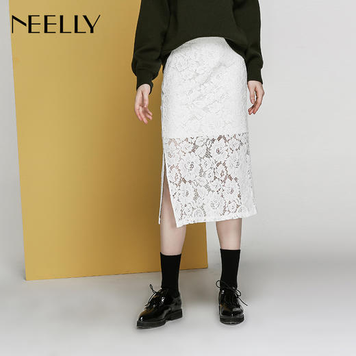 NEELLY纳俪冬装新款中长款女裙显瘦防走光水溶蕾丝包臀半身裙 商品图0