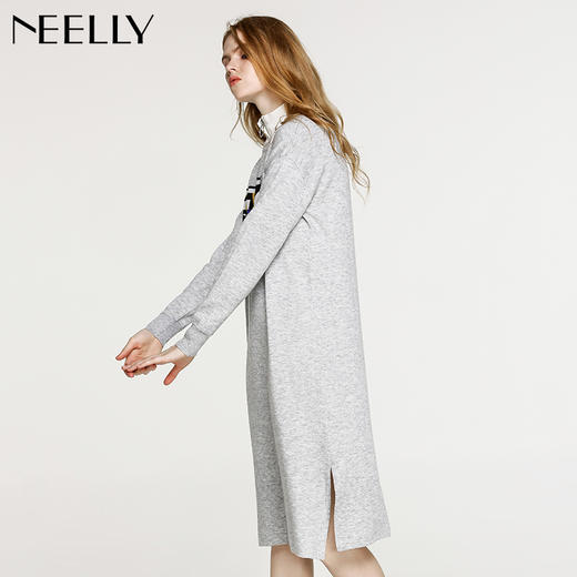 NEELLY/纳俪冬季新款中长款套头通勤开叉几何拼接针织连衣裙 商品图2