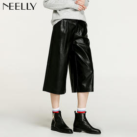 NEELLY/纳俪女街头黑色朋克休闲PU自然腰皮裤子七分裤N096808070