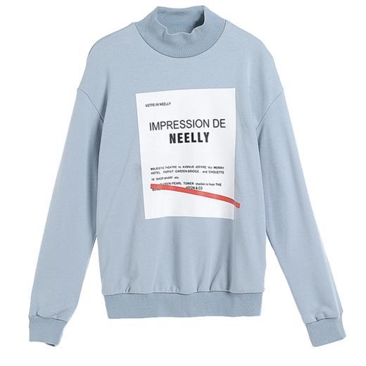 NEELLY纳俪冬季新款短款休闲显瘦百搭小高领纯*案卫衣T恤 商品图4