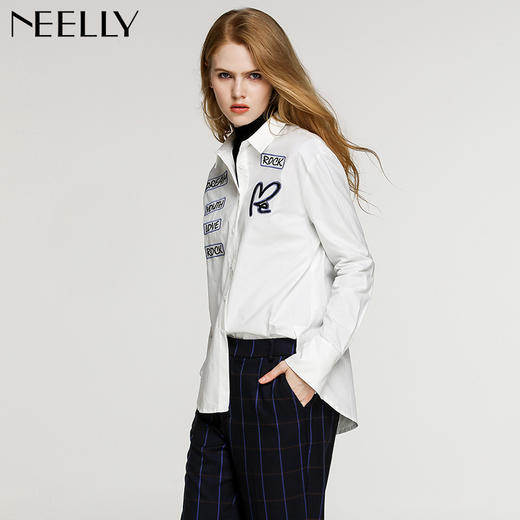 NEELLY/纳俪新款女纯色字母印花衬衣休闲衬衫N056802094 商品图2