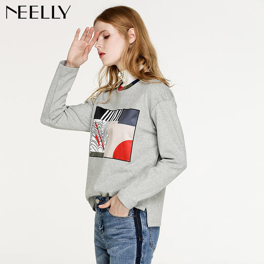 NEELLY/纳俪冬新款短款拼接图案淑女针织上衣T恤女N126810013 商品图1