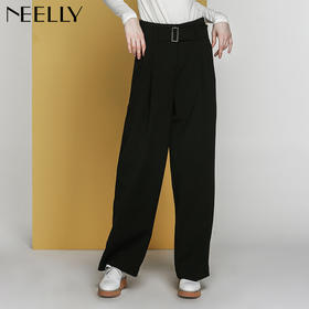 NEELLY纳俪冬装新款女纯色超宽松百搭显瘦腰带时尚长裤阔腿裤