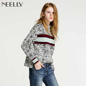 NEELLY/纳俪冬装新款短款女黑白拼色小高领毛针织线衫T恤卫衣