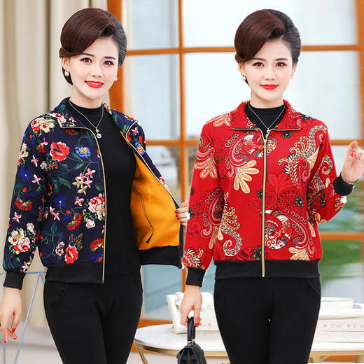 QR-D068中老年女装外套加绒妈妈装秋冬季保暖上衣大码宽松奶奶夹克衫 商品图0