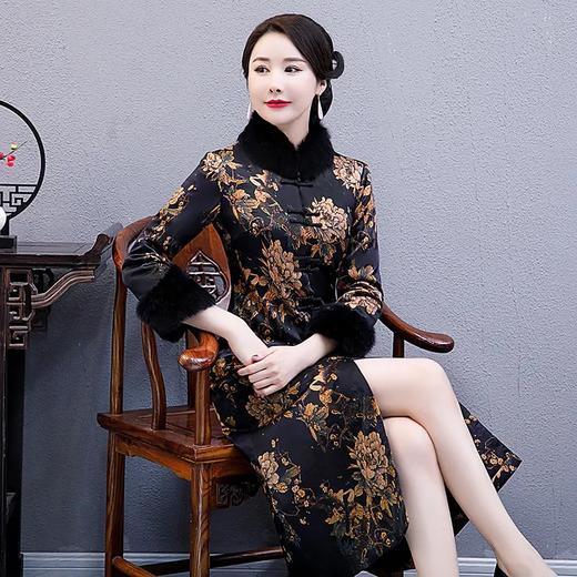 WXG-DY698新款中国风优雅气质立领长款真丝印花夹棉旗袍外套 商品图5