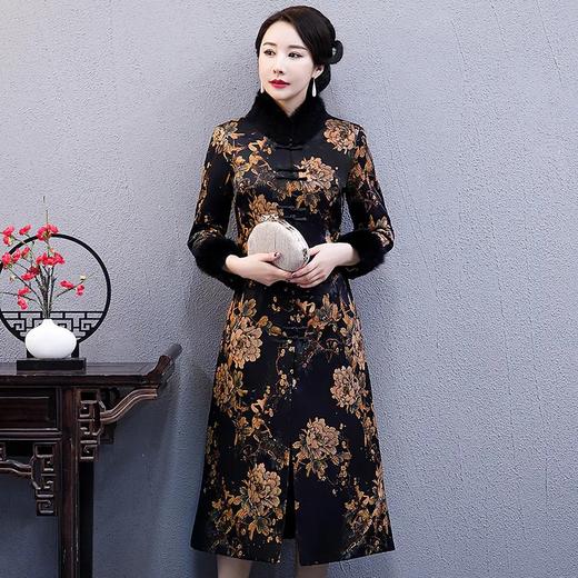 WXG-DY698新款中国风优雅气质立领长款真丝印花夹棉旗袍外套 商品图0