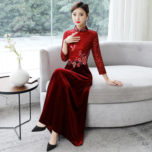 HT9256新款时尚优雅气质修身立领加绒加厚丝绒印花连衣裙 商品图0