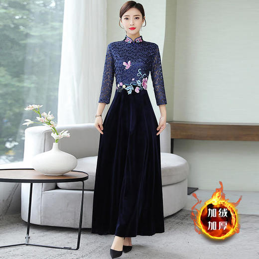 HT9256新款时尚优雅气质修身立领加绒加厚丝绒印花连衣裙 商品图1