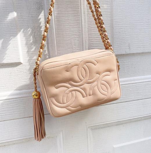 chanel香奈儿龙虾粉三logo大双c流苏相机包