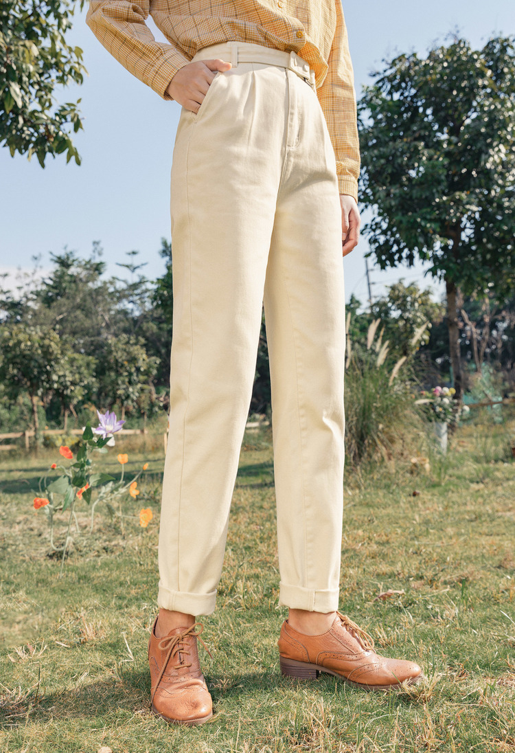 茵曼纯棉休闲裤女士直筒百搭2021年春秋季新款杏色显瘦洋气长裤子