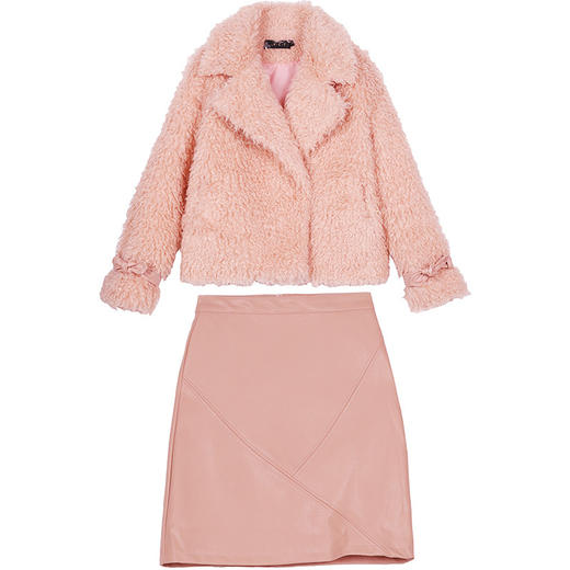 LJY-LT9731-1022长袖气质时尚毛绒外套皮裙两件套裙套装 商品图4