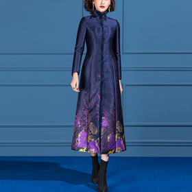 SSGS-L542女装中长款复古盘扣印花高端轻奢收腰棉衣外套