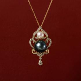 甄珠贝 宫廷花吊坠胸针两用款 大溪地黑珍珠+akoya珍珠 银链