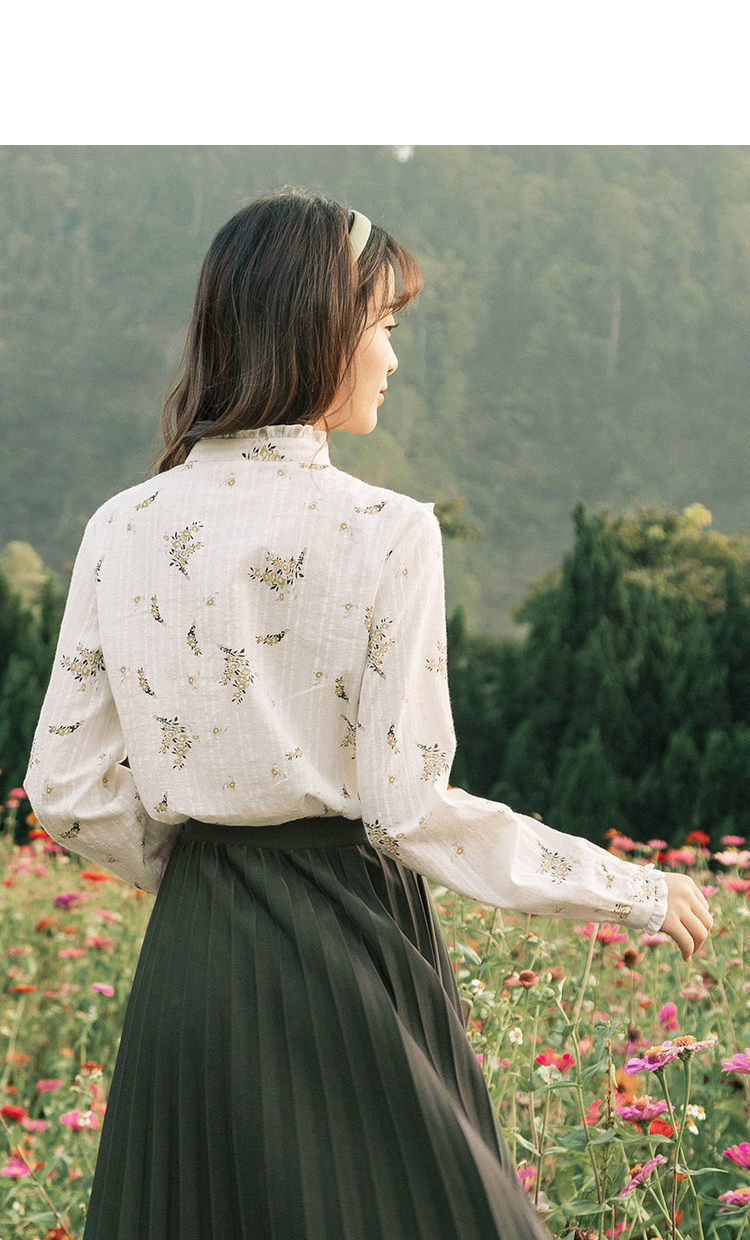 茵曼长袖衬衫女士碎花纯棉2021年春季新款木耳边立领法式衬衣上衣