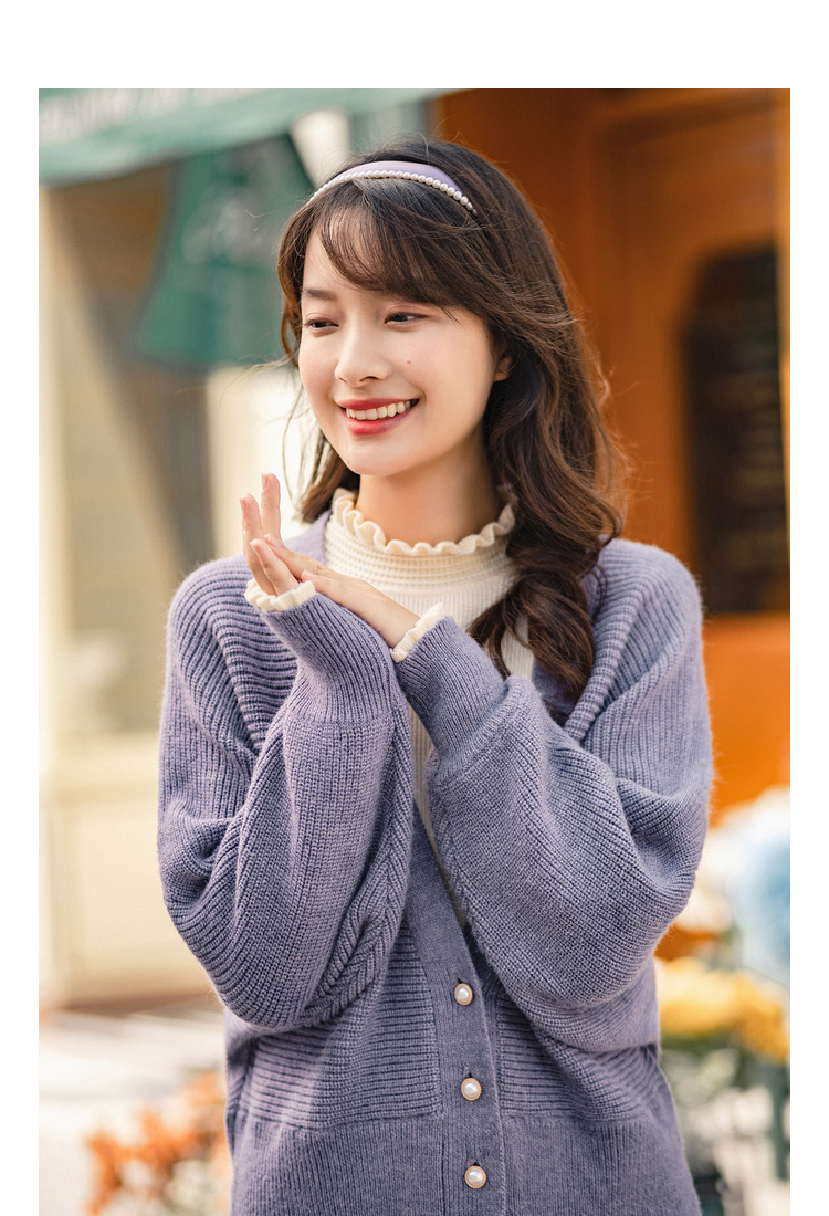 茵曼香芋紫毛衣外套女开衫宽松外穿2020年冬季新款百搭v领针织衫