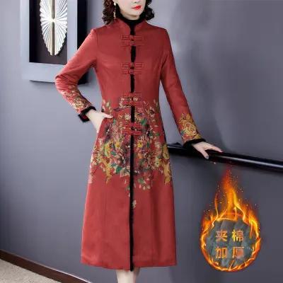 NYL-089032 加厚棉衣外套过膝仿水貂毛拼接中长款大衣2020冬季立领印花中长款 商品图0