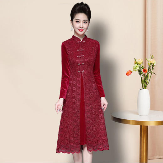 LT-8350中长裙中腰气质法式套头纯色复古气质通勤松紧腰红色女装 商品图1