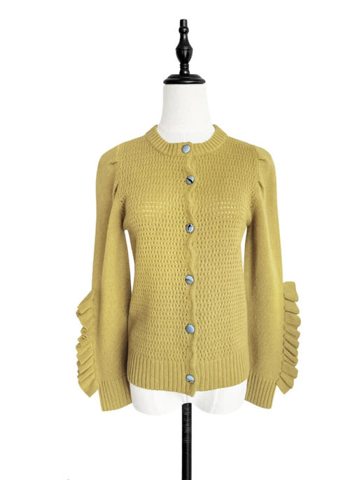 TYNVIE 袖口排花边羊绒混纺开衫 - 芥末黄 商品图1