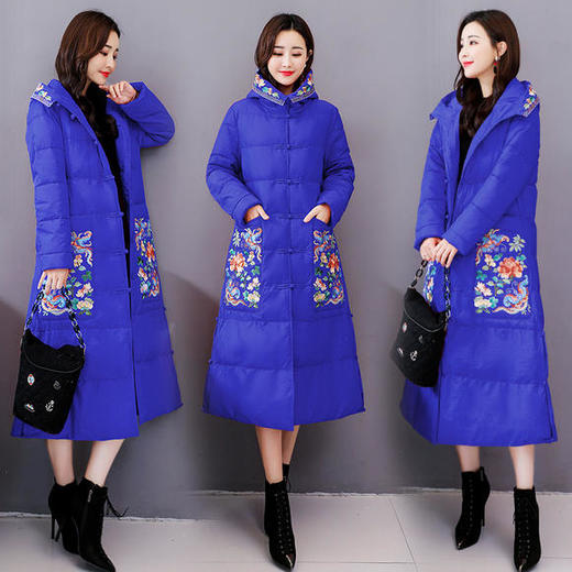 WZNH-RSLD1928新款时尚优雅气质连帽加厚口袋刺绣长款棉服 商品图2