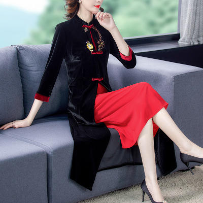 AHMyslg8387刺绣假两件改良版旗袍金丝绒连衣裙 商品图3