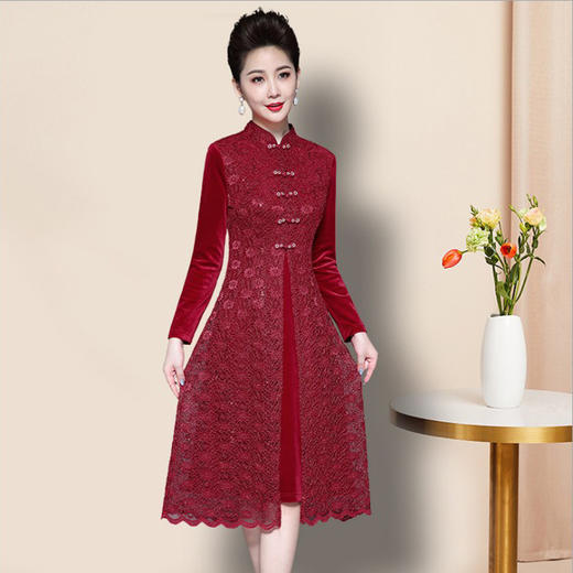 LT-8350中长裙中腰气质法式套头纯色复古气质通勤松紧腰红色女装 商品图0