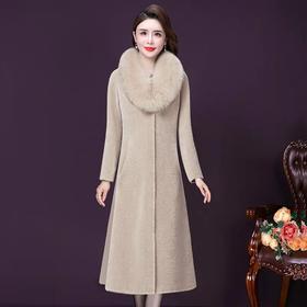 YMR-8380新款时尚优雅气质大毛领中长款羊剪绒皮毛一体大衣外套