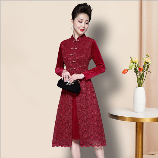 LT-8350中长裙中腰气质法式套头纯色复古气质通勤松紧腰红色女装 商品图2