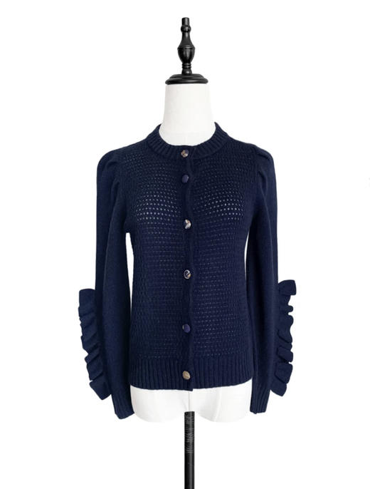 TYNVIE 袖口排花边羊绒混纺开衫 - 藏青色 商品图1