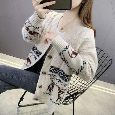 QD- MJ 针织衫女针织混纺开衫秋冬厚毛衣洋气印花 商品图6
