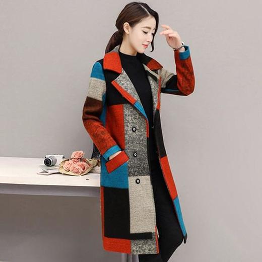 NYL-4133189秋冬韩版彩色格子西装领毛呢大衣外套 商品图1