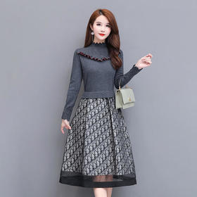 HT-N-352-8134-960新款时尚优雅气质半高领长袖拼接针织假两件连衣裙