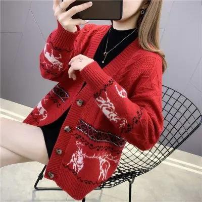 QD- MJ 针织衫女针织混纺开衫秋冬厚毛衣洋气印花 商品图2