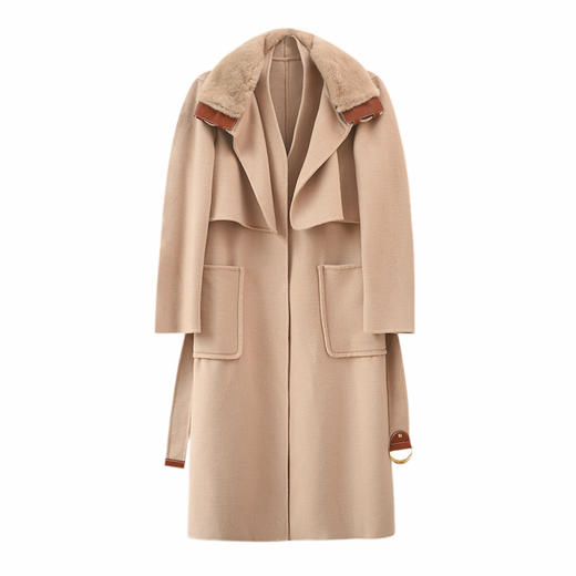 进口水貂毛山羊绒双面呢 重磅du家气质翻领长款大衣女秋冬