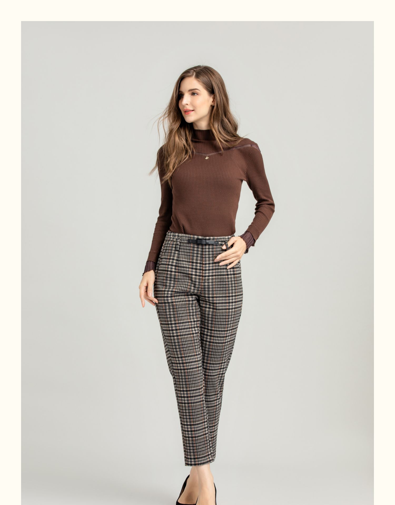 半身缘女裤 冬季毛纺针织简洁皮腰带格子休闲裤204102m10320808